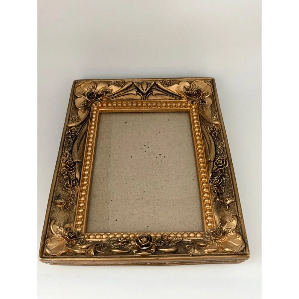 Vintage Ornate Heavy Resin Gold Rose Floral Picture Frame Tabletop Decor Baroque